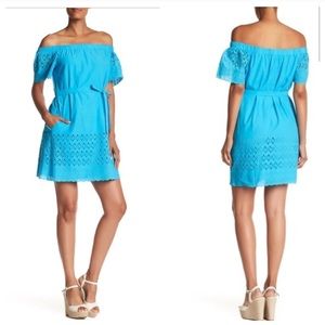 Donna Morgan Blue eyelet off the shoulder dress